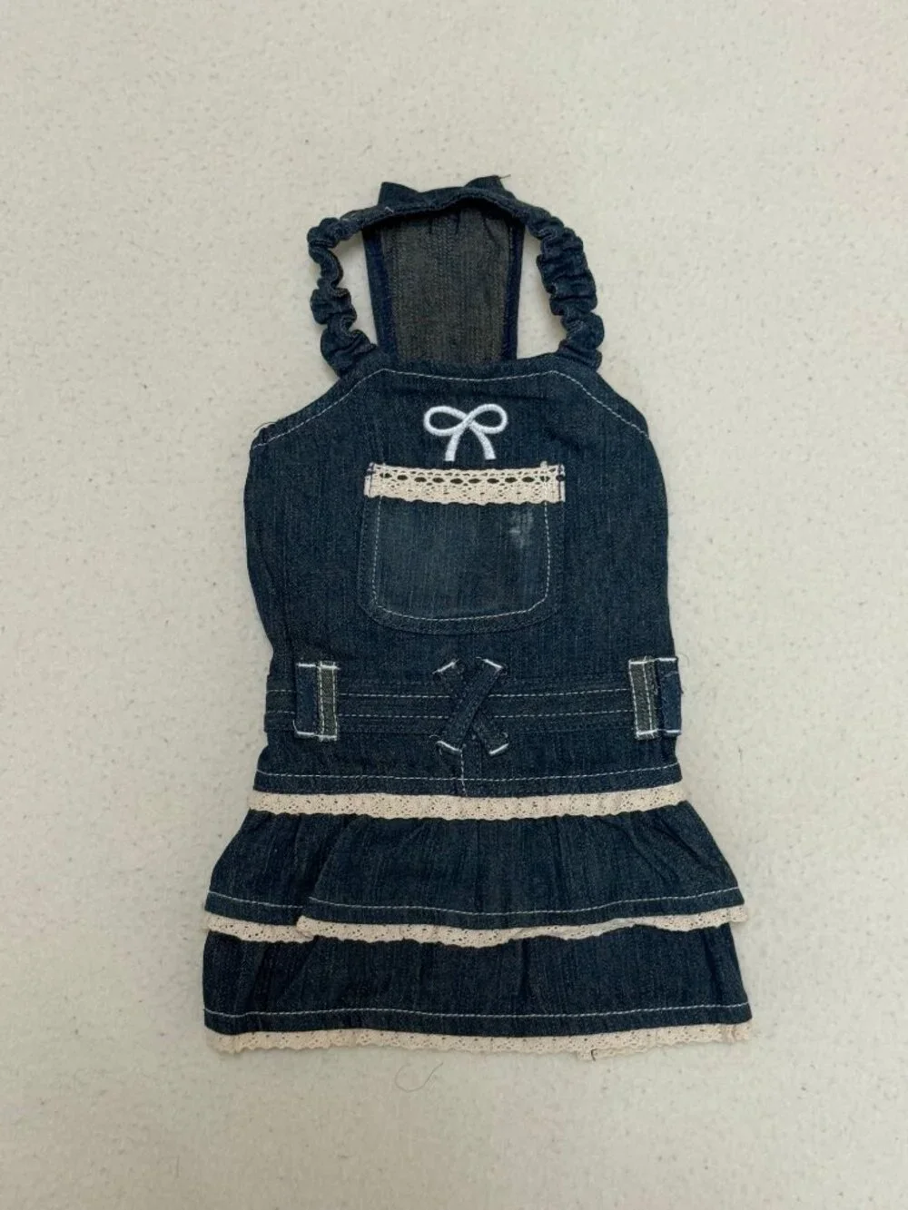 Cute Denim 2 Tier Ruffle w/ Lace Skirt Dog Dress w/ Pocket - Small / Medium